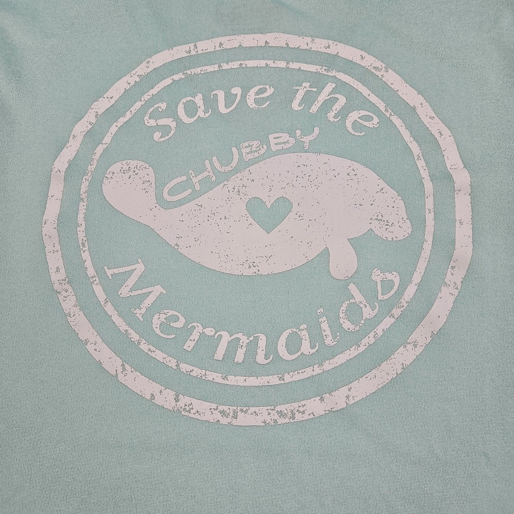 Save The Mermaids Chubby Mermaids T-Shirt Juniors Large Aqua Form Fit - Picture 6 of 6